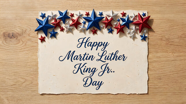Happy martin luther king jr day card with decorative patriotic stars on a textured wood background