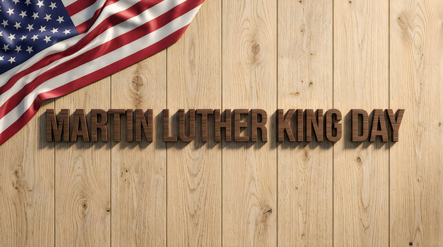 Martin luther king day text with a waving american flag on a rustic light wooden plank background