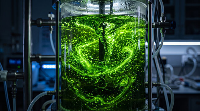 Bioreactor tank with spinning green algae for sustainable biofuel energy research.