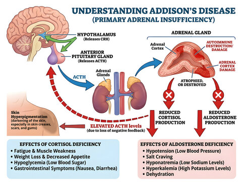 Addison's disease primary adrenal insufficiency infographic isolated on white background