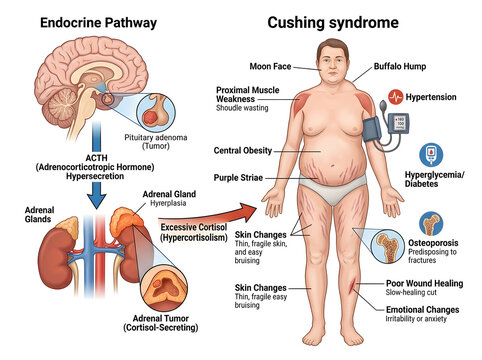 Cushing syndrome symptoms and endocrine pathway illustration isolated on white background