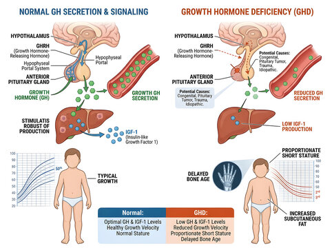 Growth hormone deficiency vs normal gh secretion infographic isolated on white background