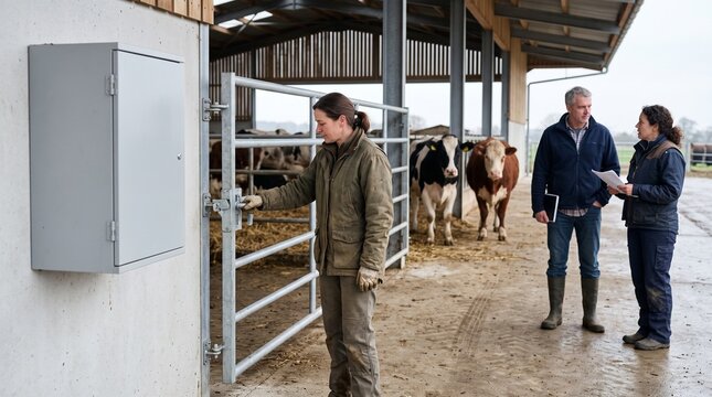 Farm team reviews biosecurity beside calm cattle