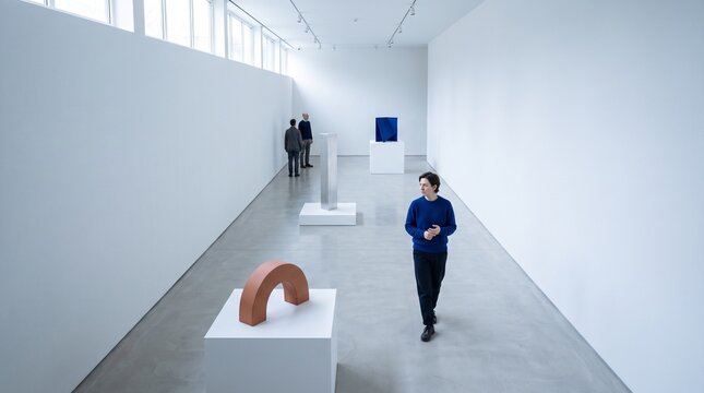 Curator reviews spacing in a daylight gallery hall