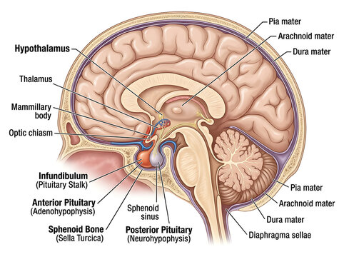 Human brain cross section showing pituitary gland and hypothalamus isolated on white background