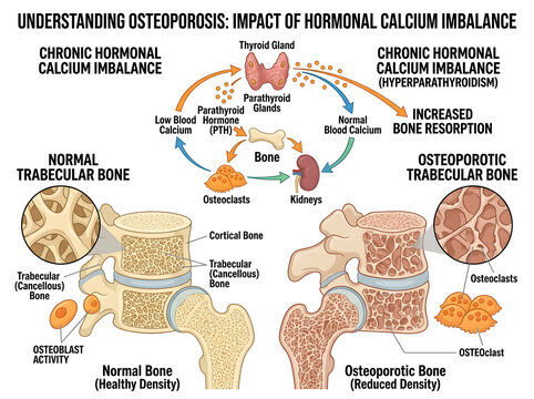 Osteoporosis bone structure comparison with hormonal imbalance isolated on white background
