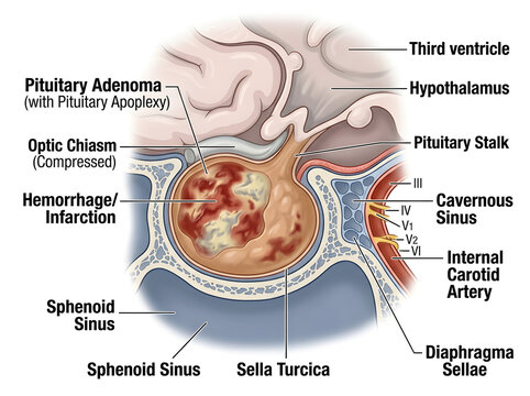 Pituitary adenoma with optic chiasm compression medical illustration isolated on white background