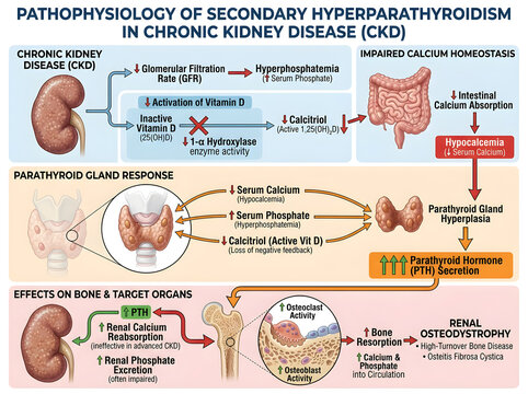 Secondary hyperparathyroidism in chronic kidney disease diagram isolated on white background
