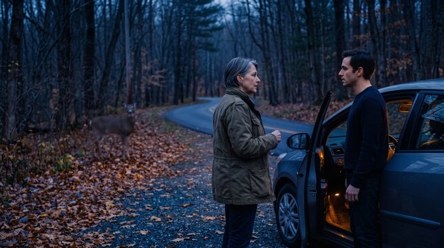 Driving instructor briefs learner at autumn dusk