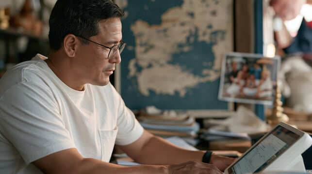Kazakh conversion specialist calibrating a touchscreen analytics terminal with a faded regional map on the wall behind, Songkran family blessing ceremony imagery pinned nearby,