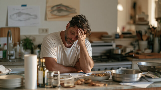 Fishmonger cooling down after an intense Rosh Hashanah pre holiday rush, a hand drawn fish preparation sketch pinned above the counter in a modest home kitchen, a solitary