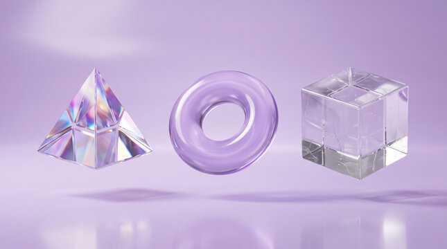 3d render of a glass pyramid, a purple torus, and a transparent cube floating against a soft purple background
