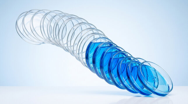 A series of stacked petri dishes arranged in a curved motion, with the lower ones filled with a vibrant blue liquid