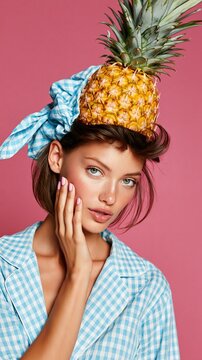 Young woman wearing a pineapple hat and blue gingham shirt in surreal pop art style featuring a vibrant pink background. This creative portrait blends fashion with whimsical fruit-themed surrealism.