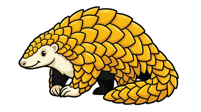 Pangolin cartoon vector illustration, cute scaly anteater with golden scales walking