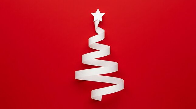 Abstract white paper ribbon christmas tree shape on a vibrant red background
