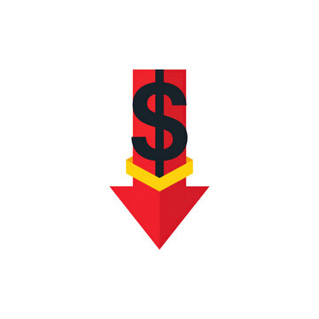 Red arrow with dollar sign pointing downward with down indicate financial on transparent background
