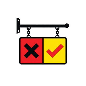 Hanging sign with check mark and cross symbol with rectangular sign hangs on transparent background