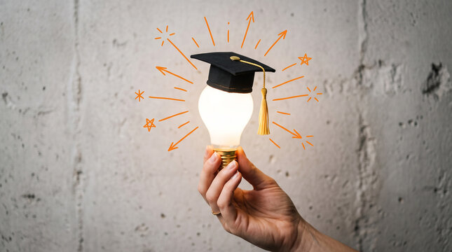 A hand holding a glowing light bulb wearing a graduation cap with handdrawn doodles of stars and arrows against a textured concrete wall background