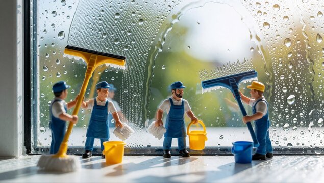 Group miniature figurines men cleaning window squeegee buckets covered raindrops background blurred suggesting