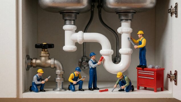 Group miniature figurines plumbers working sink there figures total all wearing blue overalls yellow hard hats