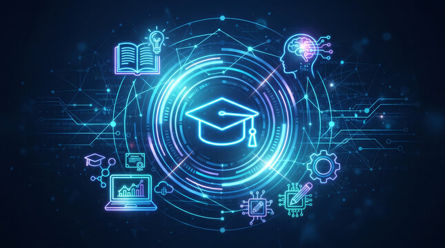 Digital education and elearning concept with glowing graduation cap icon, brain, and technological elements on a dark blue background