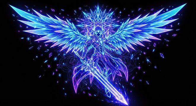 Blue glowing winged sword with crystal energy