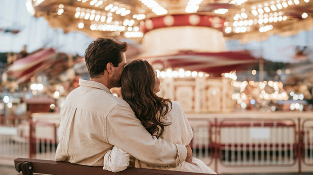 Romantic Couple Watching Carousel At Amusement Park