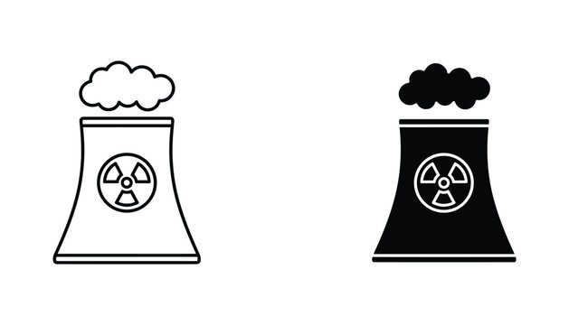 Nuclear power plant vector icon isolated on white Black and white outline line art and solid glyph silhouette
