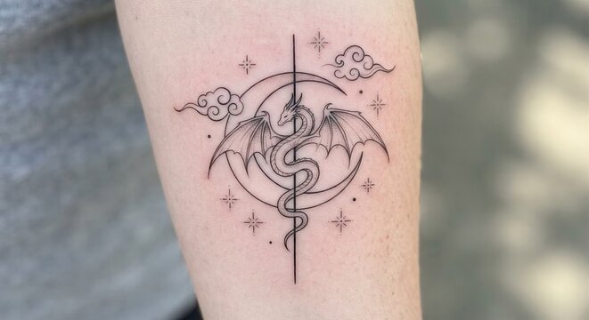 Minimal dragon tattoo with wings and circular design