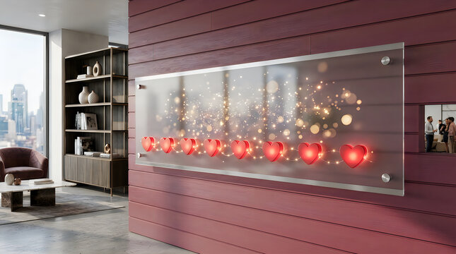 Modern glass office sign mockup mounted on a red wall in a professional business lobby interior
