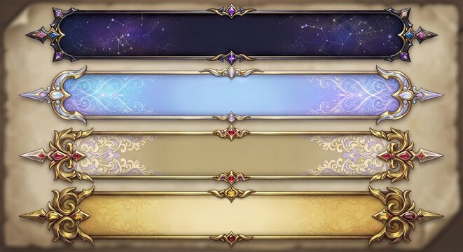 Four colorful fantasy banners with ornate ends