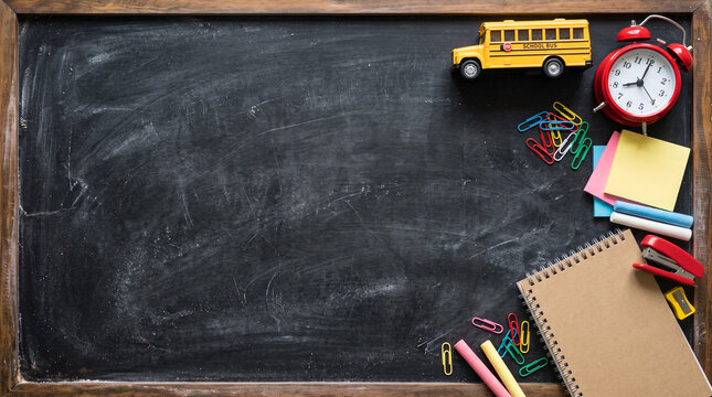 School supplies including a toy bus, alarm clock, notebook, and stationery arranged on a black chalkboard background with copy space