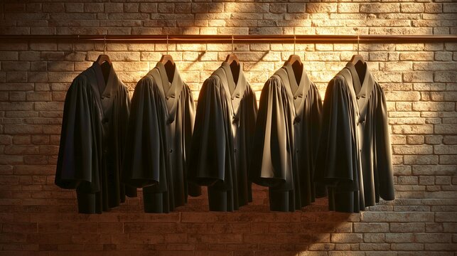 Six elegant black lawyer barrister wigs arranged above neatly pressed formal black legal robes and tailored trousers against a textured brick wall, warm golden sunlight illuminating premium fabric tex