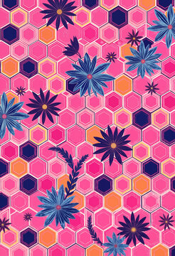 Hexagonal geometric floral seamless pattern background, textiles
