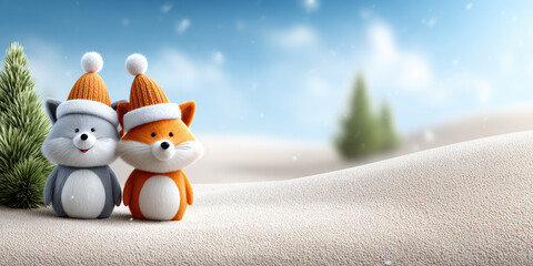 Fototapeta premium Christmas animals celebrating winter holidays, three cute friends, a hamster and two foxes, wearing red santa hats peeking over snowy ground with festive forest background and copy space