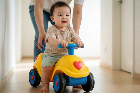 Happy toddler rides colorful yellow toy car in home hallway. Cute baby boy sits on plastic vehicle, smiles during playtime. Parent supports child from behind to help balance, learn motor skills. Fun
