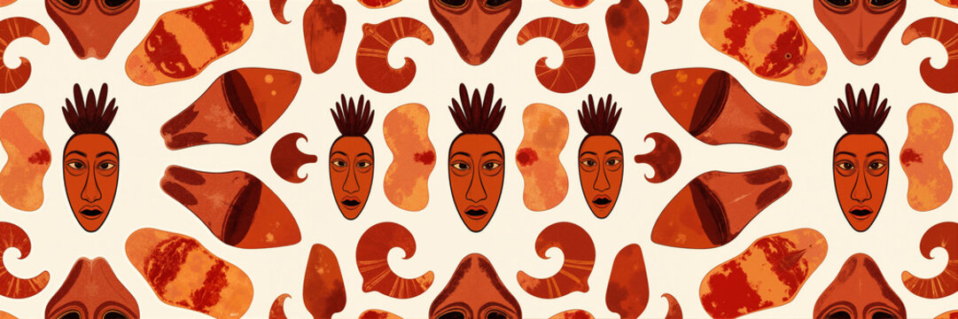 Abstract tribal mask pattern with organic shapes, terracotta