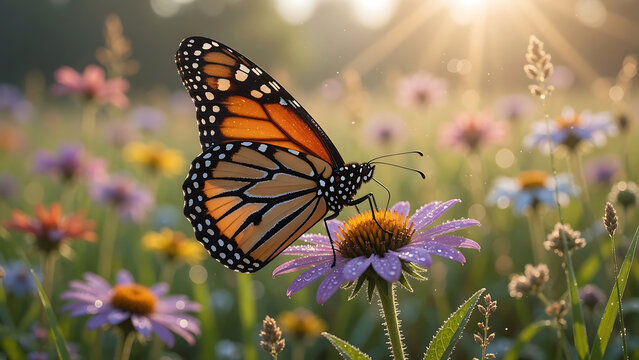 Vibrant Monarch Butterfly Pollinating Garden Flower in Golden Sunlight, Danaus Plexippus Butterfly Perched on Blossom in Sunlit Wildflower Field