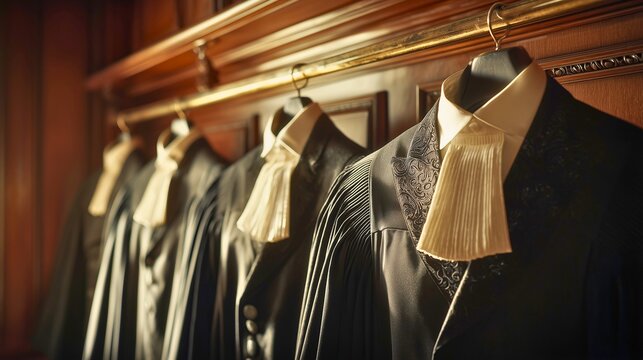 Row of six traditional lawyer wigs hanging above elegant black judicial robes and tailored legal attire inside a refined courthouse wardrobe room, warm sunlight from the right highlighting detailed