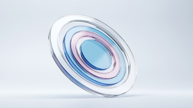 Futuristic glass rings in blue and pink, abstract 3D geometric circles, elegant crystal discs for tech background