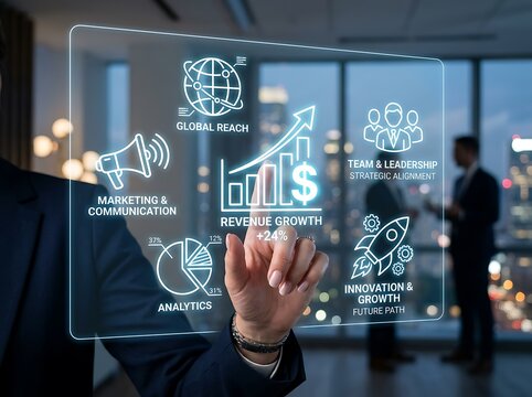 Business strategy concept with glowing screen displaying analytics growth and team leadership in an office setting