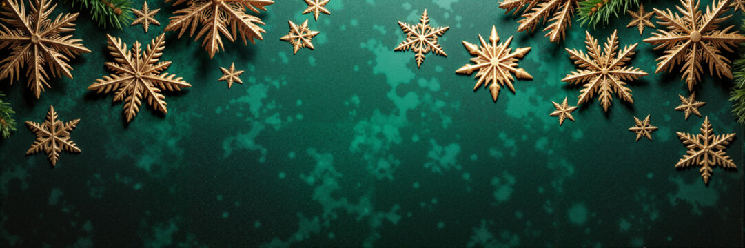 Gold snowflake border and pine branches on dark green copy space