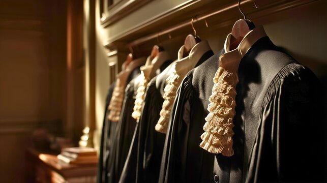 Row of six traditional lawyer wigs hanging above elegant black judicial robes and tailored legal attire inside a refined courthouse wardrobe room, warm sunlight from the right highlighting detailed