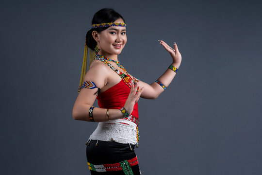 Portrait of young girl wearing a traditional cloth Simba Murut Tahol native ethnic of Sabah Borneo