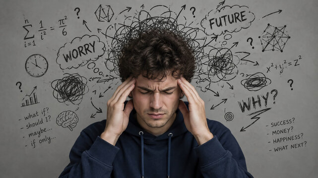 A stressed young man holds his head with eyes closed, surrounded by a chaotic background of scribbled lines, equations, question marks, and words like worry and future.