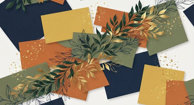 Abstract rectangles with gold and green foliage accents