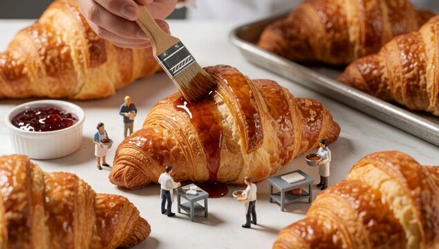 Person's hand holding paintbrush painting large croissant white surface there several other croissants scatter