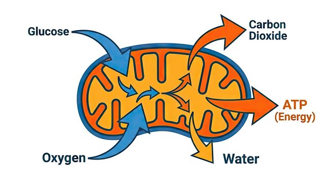 Mitochondria cellular respiration diagram showing ATP energy production.