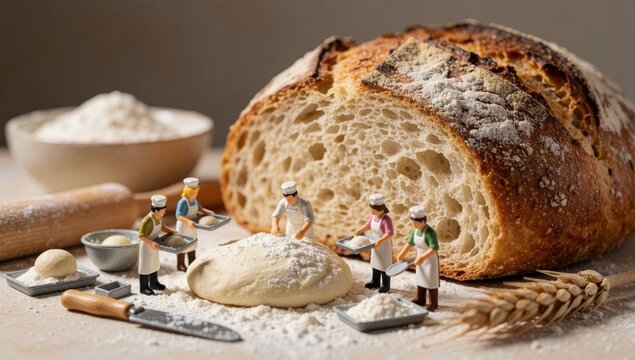 Group miniature figurines people working bakery there large loaf bread right side which appears freshly baked